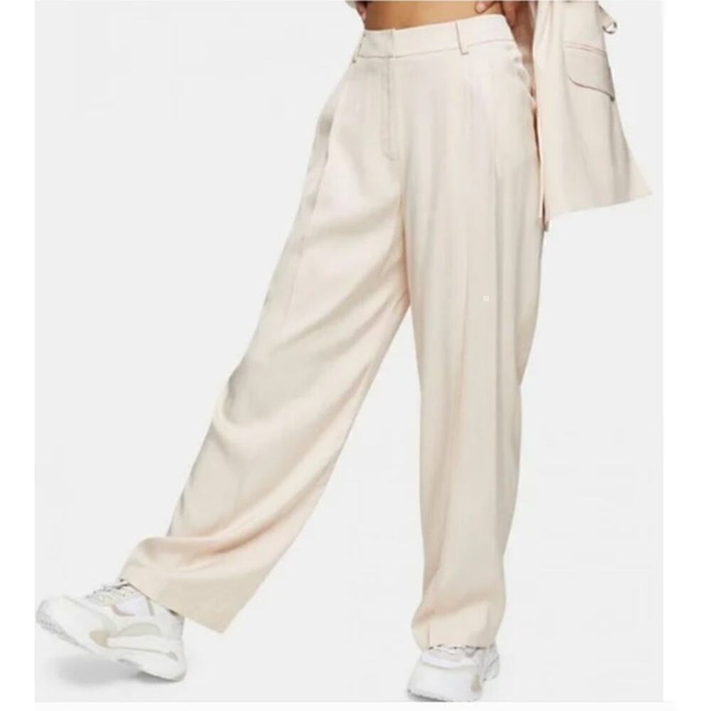 Topshop Trousers Pleated Front Straight Leg Tailored Pant Light Sand NWT 12